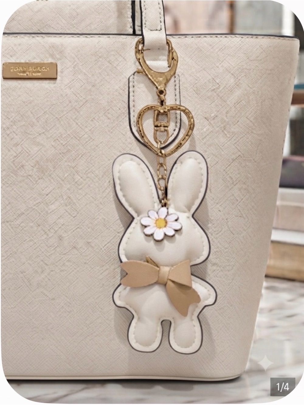 White Bunny Keychain with Tan Bow and Daisy Accent Keychain bag charm NEW - Picture 1 of 6